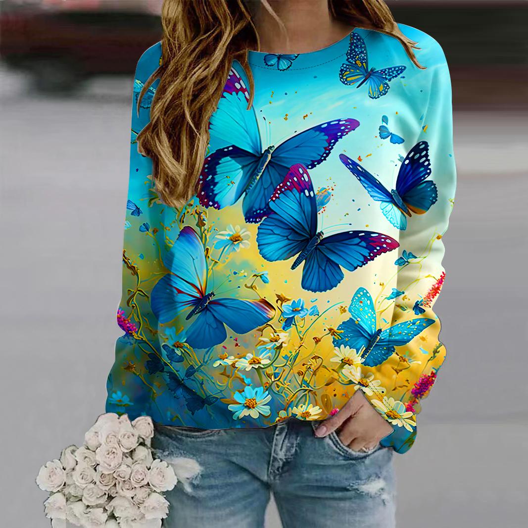 

Осенняя женская мода с круглым вырезом и длинным рукавом, свободная одежда, синяя футболка с принтом звезд и бабочек для девочек, уличная 8XL светло-синий