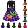 Women Casual Halloween Print Dress Long Sleeve Round Neck Vintage Style Midi Dress with Waist Tie Belt for Autumn and Winter
