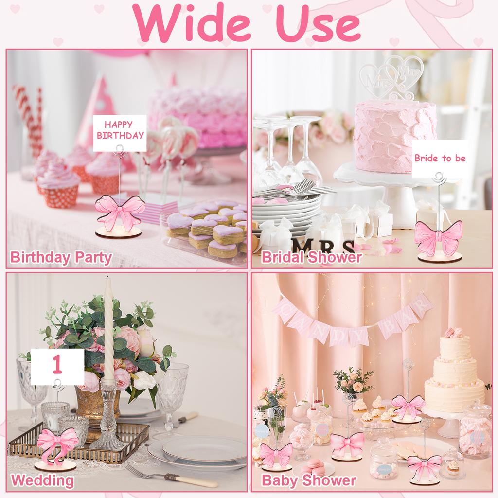 8 Pcs Pink Bow Place Cards Coquette Bow Reserved Seating Signs Table Number Holders Metal Wire Memo Clips Stands Bow Party Decor