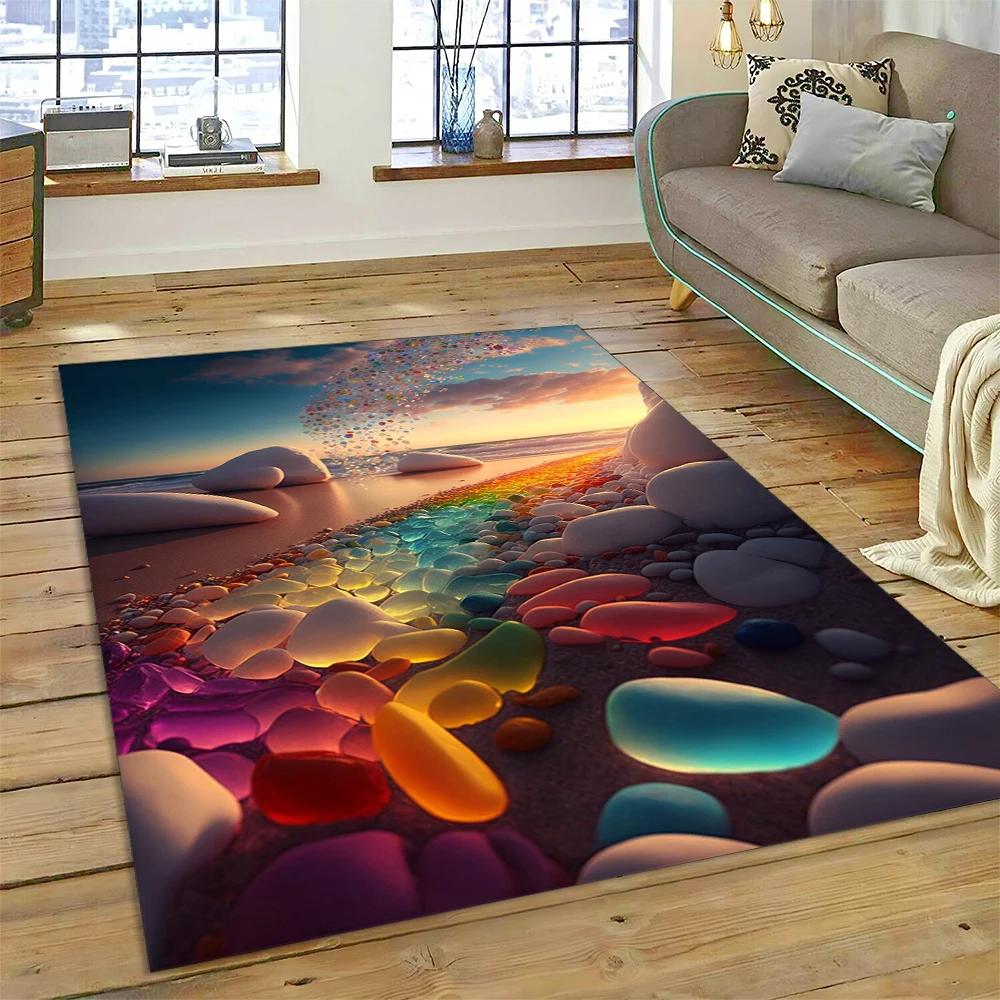 2025 New Style Colorful Pebble Rainbow Road Beach Stone Scenery Carpet Rug for Living Room Bedroom Home Sofa,Non-slip Floor Mat