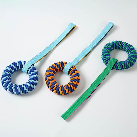 Pet Chewing Toy Donut Shape Toy with Woven Oxford Fabric Cotton Rope for Teeth Grinding Cleaning Massage Safe Braided Tug Toy for Dogs
