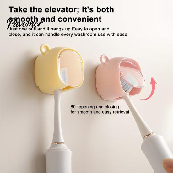 Waterproof Brush Holder Cute Bear Wall Mounted Toothbrush with Dustproof Flip Cover, Single Bathroom Decor Dispenser Storage Organizer, Drill-free