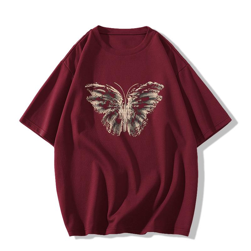 Ladies Summer Short Sleeve Round Collar Casual Teenager Pullover Oversize Butterfly Printed Cotton T Shirt Top