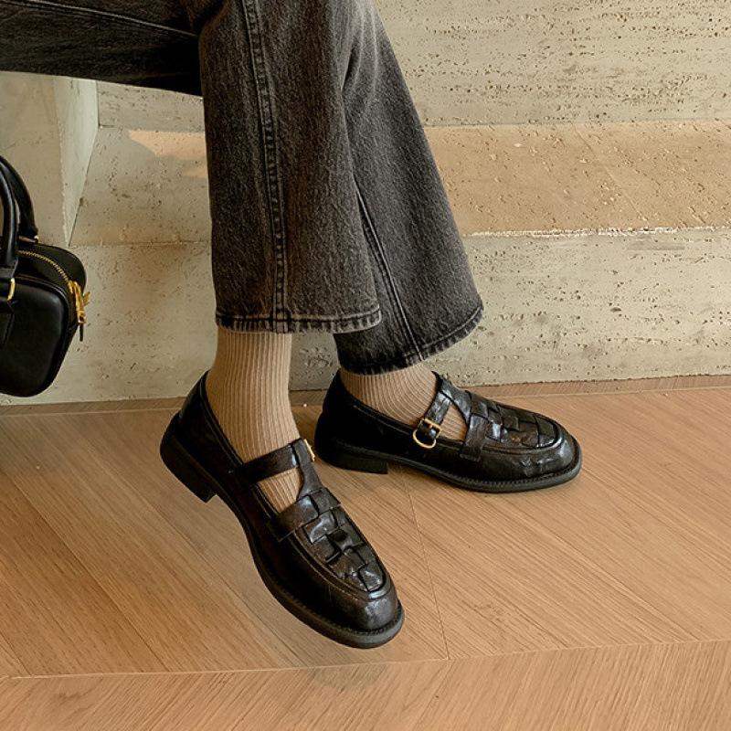 New cowhide real single shoes women's round head low heel non-slip soft sole black casual sheepskin women's shoes four-season flats