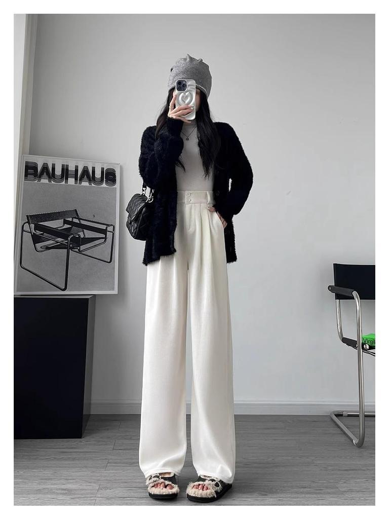 Women's Petite Dark Gray Corduroy Wide-Leg Suit Pants with Fleece Lining for Autumn/Winter