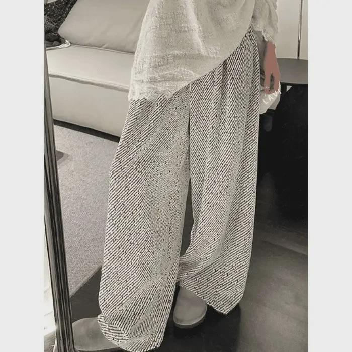 High Waist Striped Silk Chenille Wide-Leg Pants for Autumn/Winter