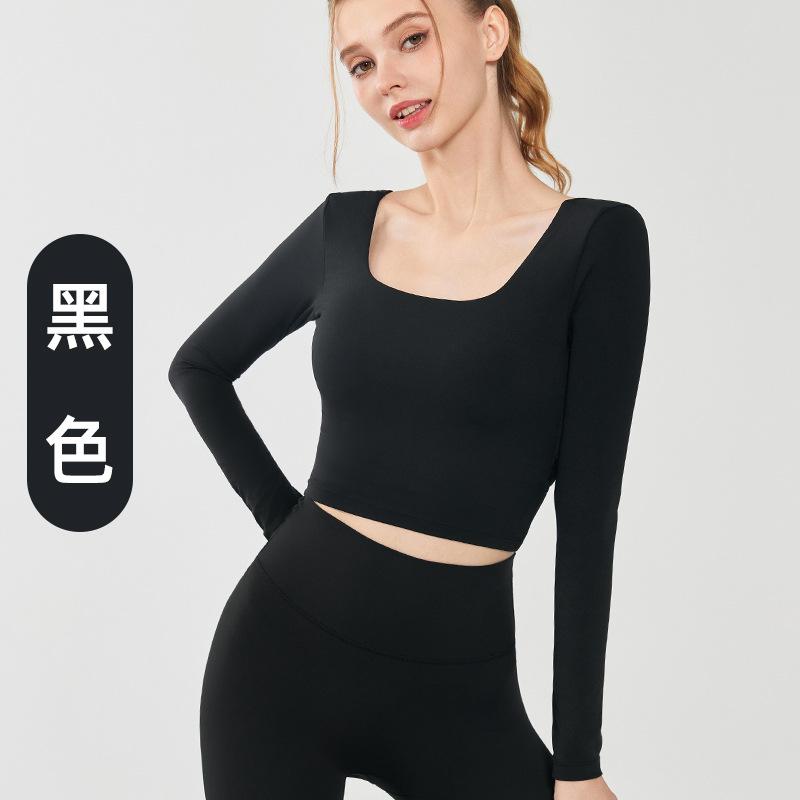 Cross Back Yoga Long Sleeve Women, with Chest Pad, Backless Square Neck, Slim Outside Sports T-Shirt Fitness Top S чёрный