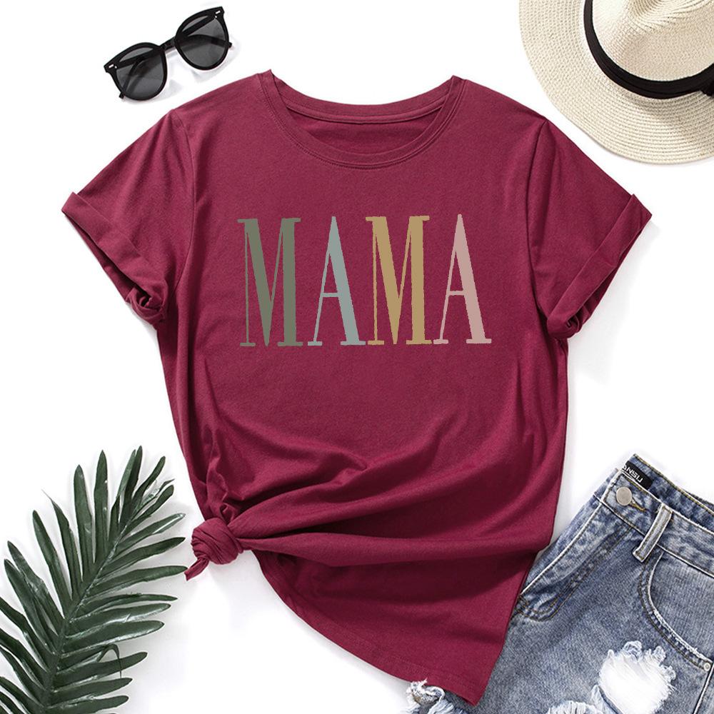 MAMA Cotton T-Shirt Short Sleeve Round Neck Women 2d Print Tops