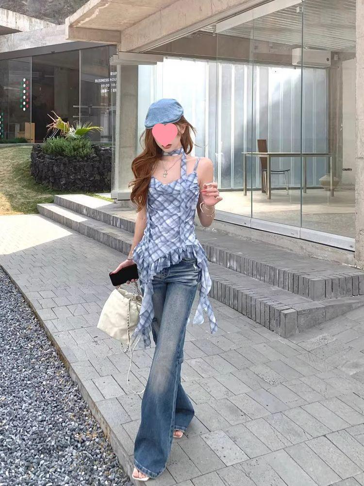 Korean Chic Plaid Camisole with Ruffles and Ribbons – Women's Sleeveless Summer Top