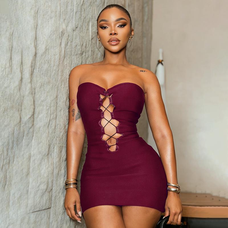 Spring 2026 European & American Style Solid Color Sexy Slim-fit Bandeau Mini Dress