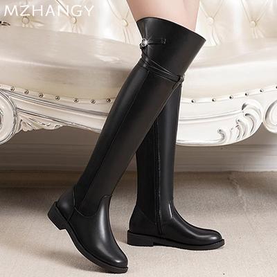 Mode Damen Leder Overknee Stiefel Winter Flache Schuhe Über Knie Schuhe Frau 2025 Trend Mode Schnee Neuer Designer Warme Motorradstiefel Mujer