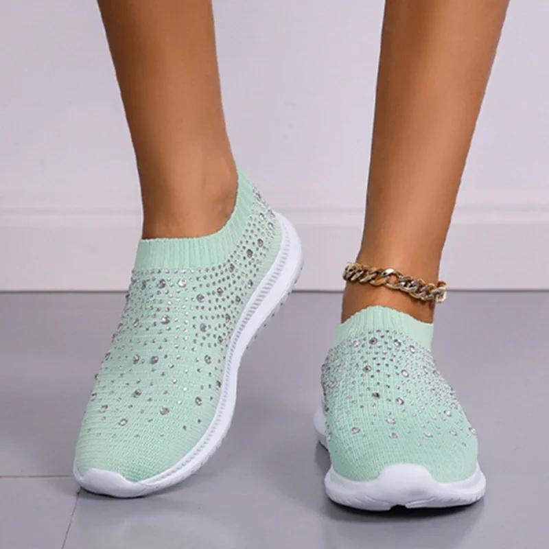 Fashion New Shining Crystal Flats Women Spring Breathable Knit Platform Sneakers Woman Comfortable Soft Bottom Non-slip Sports Shoes