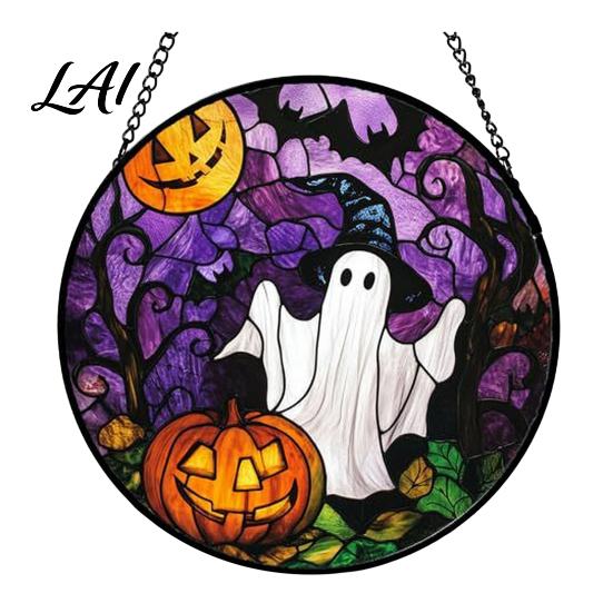 Creative Halloween Souvenirs Stained Glass Suncatcher Ornament Vintage Hanging Window Decor with Pumpkin Ghost Bat Witch Decorations Hat Pattern,