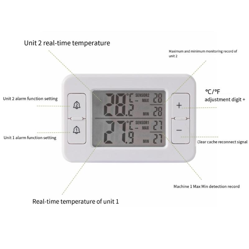 Double Sensoring Electronic Temperature Gauge with Clear Display & Alerts System Digital Thermometers for Fridge & Cold Storage