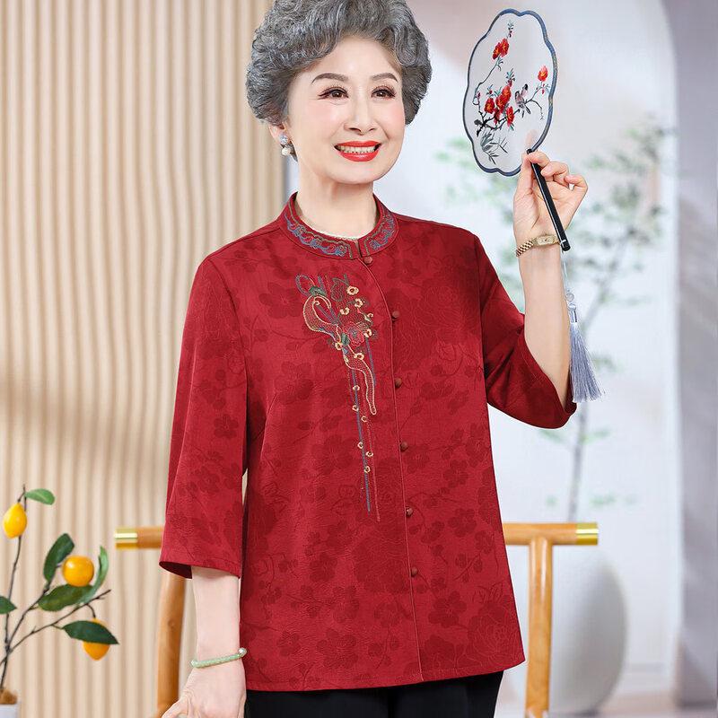 Elderly Women's Embroidered Seven-Quarter Sleeve Summer Shirt