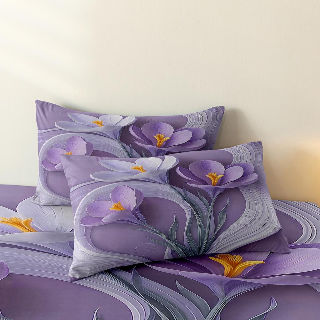 3 Pieces Luxury Romantic Purple Gradient Crocus Floral Duvet Cover Set, Curved Art Line Flower Stem Print Bedding