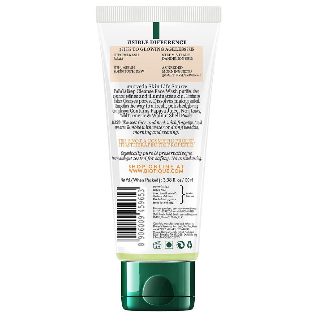 Biotique Papaya Face Wash 100ml  Deep Cleanse & Glow for All Skin Types with Natural Botanicals