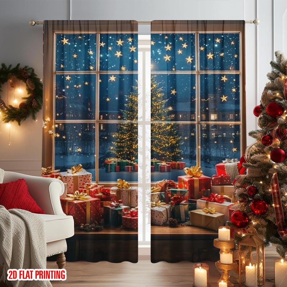 2pcs 2D Flat Printing Merry Christmas Curtain Festive Christmas Scene Versatile Fabric Without Electricity Spring Party &