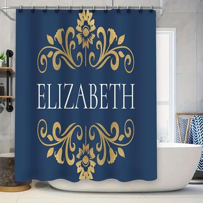 Luxuriöser bedruckter Duschvorhang mit individuellem Namen, blau-goldenem Blumendesign, personalisierte Dekoration für Zuhause, Badezimmer, ELIZABETH