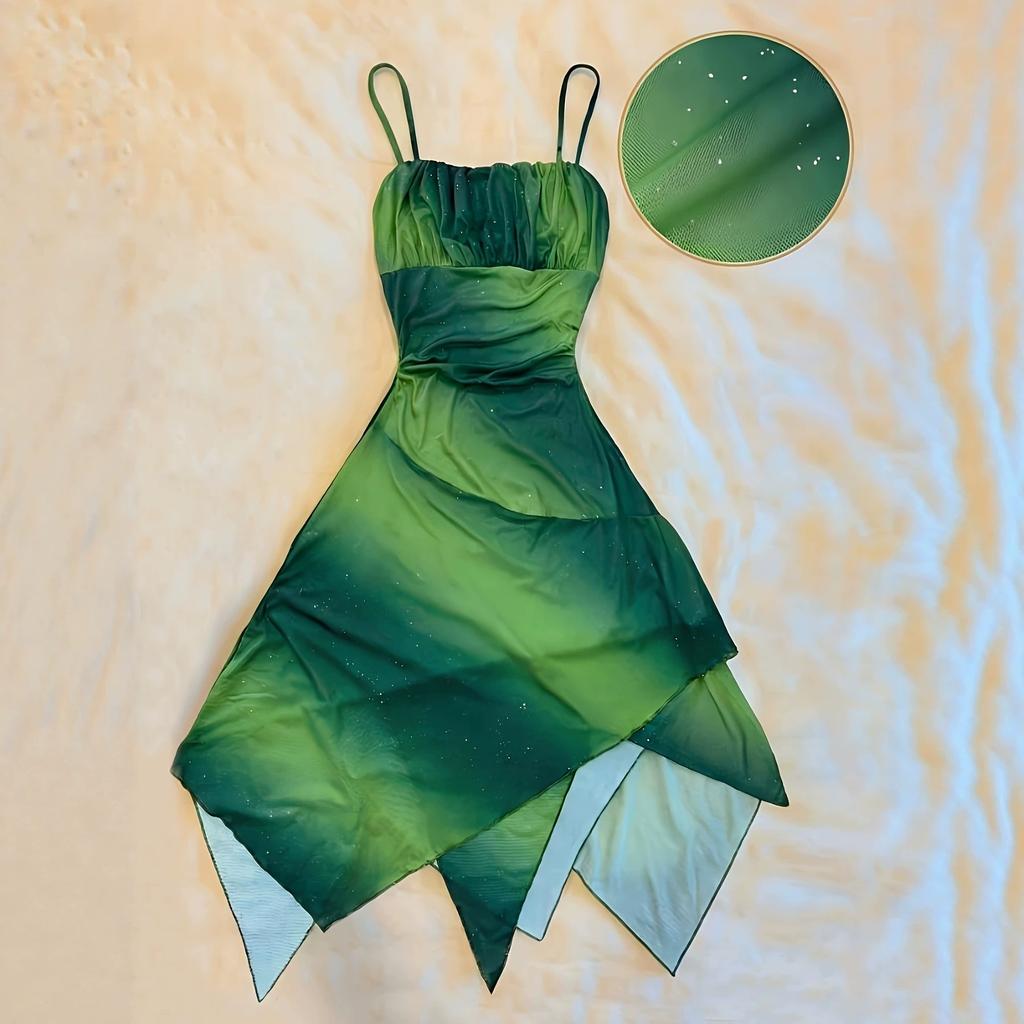 Pure desire wind green thin shoulder strap pleated waist outline curve irregular petal skirt fairy sultry dress
