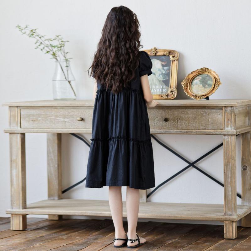 Korean Style Stitched Patchwork Shirt Collar Short Sleeve Big Girls Long Kids Dress