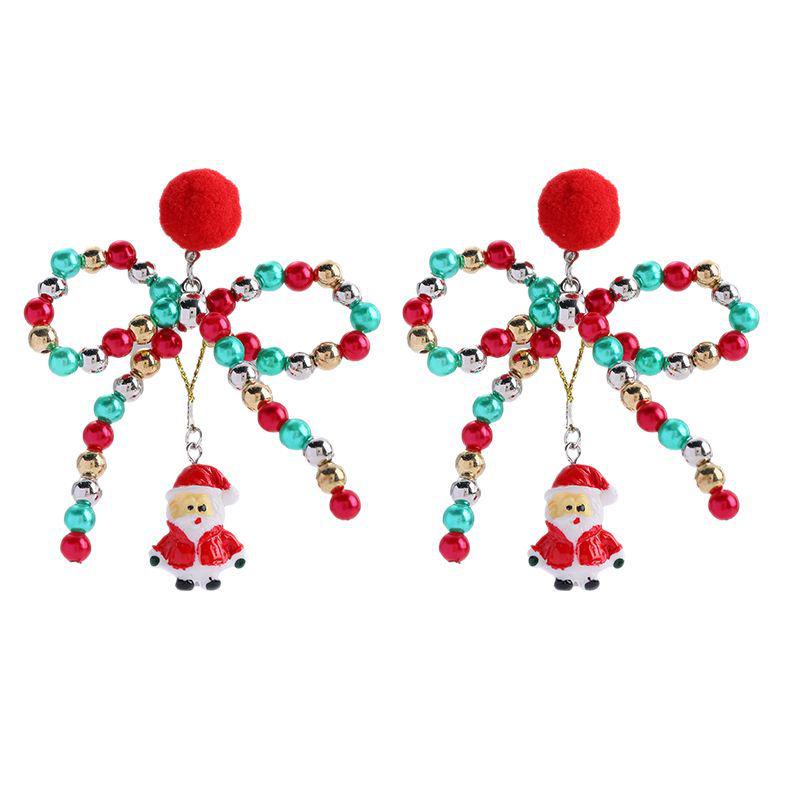 Colorful Beaded Bow & Pom-pom Santa Claus Christmas Earrings