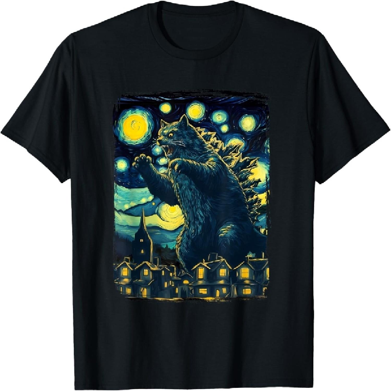 

Catzilla Scary Night in Van Gogh Style - Funny Kitten & Cat T-Shirt XXXXXL різнокольоровий