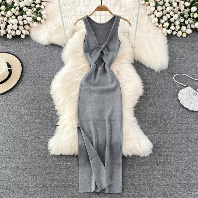 Vestido de Punto Minimalista sin Espalda para Mujer Verano SSólido de Punto sin Mangas Ajustado sin Mangas Sexy Bodycon Vestido Camiseta