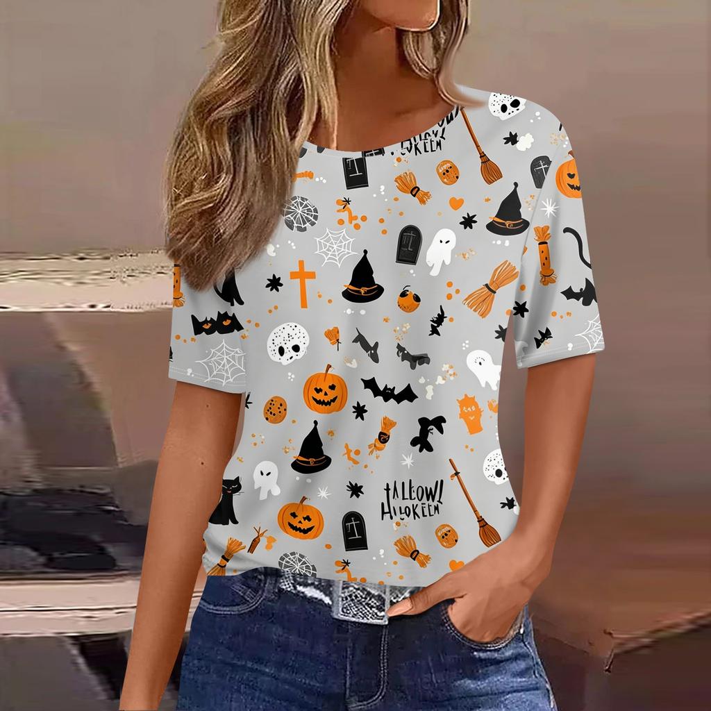 Women's Casual Short Sleeve Pullover Top Halloween Pumpkin Ghost Bat Print Round Neck Loose Fit Shirt for Autumn