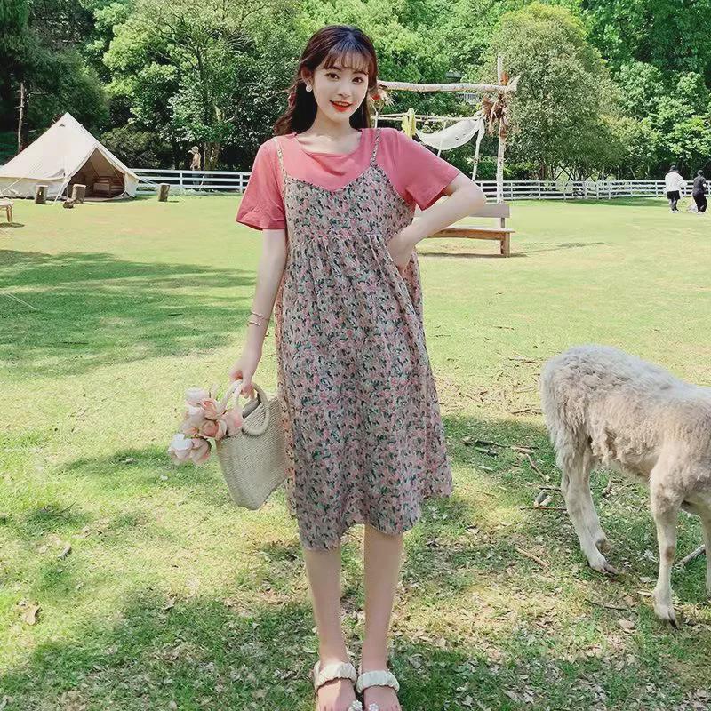 019 Grenzüberschreitendes Sommer-Umstandskleid in Midilänge mit Aufdruck: Kurzärmeliges Chiffon, Falsches zweiteiliges Design