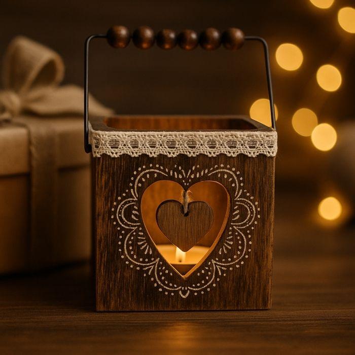 Wooden Candle Holders - SIROCO - Set of 4 - Heart, Star, Fir Tree Motifs - Christmas Atmosphere - Rustic