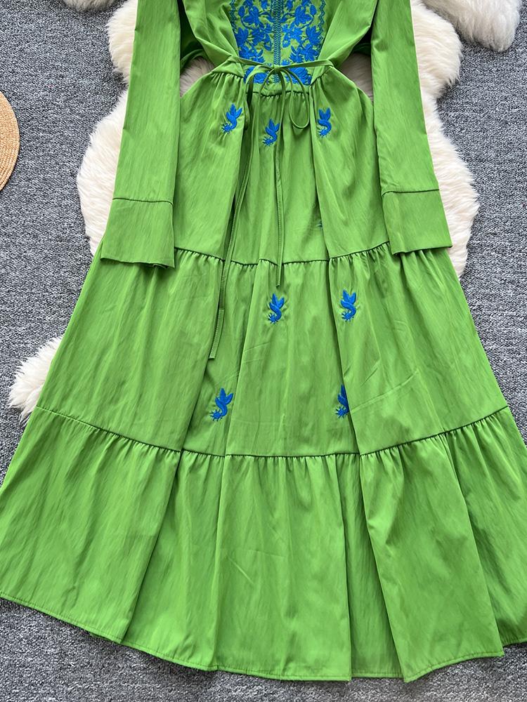 Women Spring Autumn Dress Retro Embroidered V-neck Strap Waist French Elegant Long Sleeve Grand Swing Long Dress