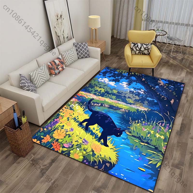 

Multiple sizes Black cat by stream wildflowers Print Carpet for Living Room Bedroom Sofa Home Decor Non-slip Mat Luxury Gift 40x60cm
