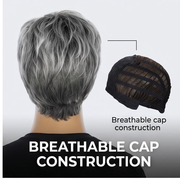 Men’s Grey Short Straight Synthetic Wig, Realistic Hairline, Heat-Resistant Adjustable Cap for Daily, Party & Casual Occasions with Natural Look
