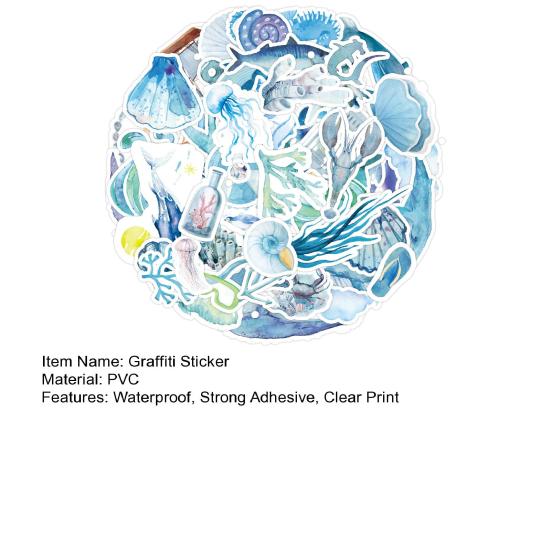 50Pcs Blue Ocean Graffiti Stickers Waterproof Strong Adhesive Clear Print Luggage Water Bottles Laptops Stickers DIY Decoration