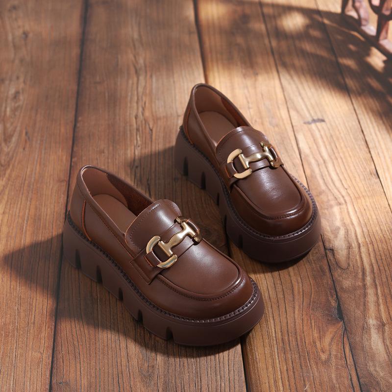 The First Layer of Cowhide Thick-soled Single Shoes for Women's 2025 Spring and Summer New Korean Version of One-pedal Loafers, Metal Buckle Small