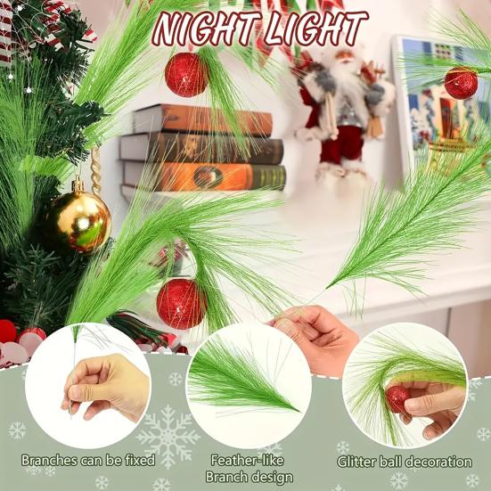 10 Pcs Green Christmas Picks Artificial Furry Green Curly Stems Xmas Tree Topper Ornaments with Red Ball for Christmas Wreath Craft Vase Fillers Home