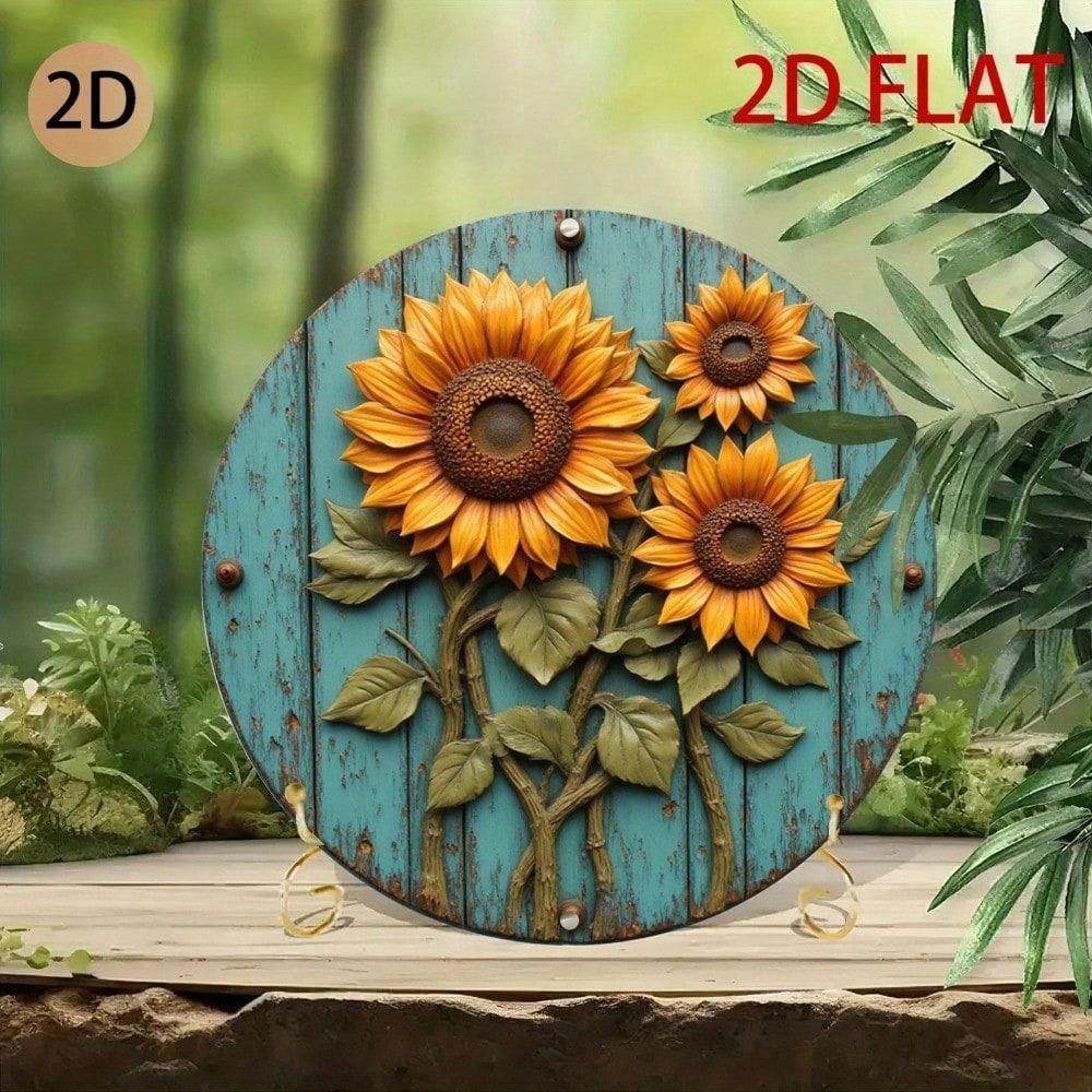 3D Sunflower Metal Wall Art Blue Circle Rustic Tin Sign for Living Room