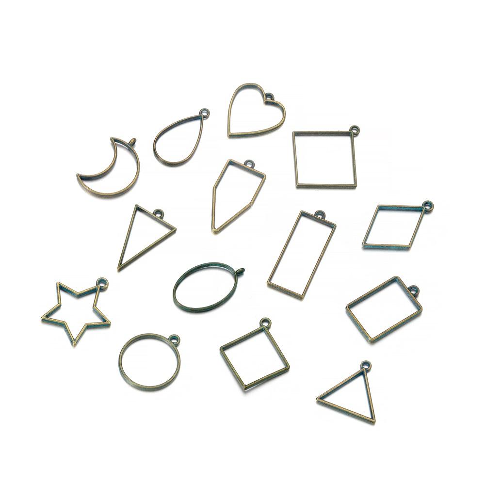 14Pcs/Lot Mixed Style Geometric Hollow Metal Frame Pendant for DIY Epoxy Resin Necklace Pendant Jewelry Making Accessories