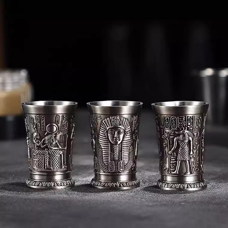Ancient Egypt Totem Art Relief Retro Bronze Liqueur Wine Glass Vermouth Absinthe Cocktail Cup Metal Liquor Vodka Small Wineglass
