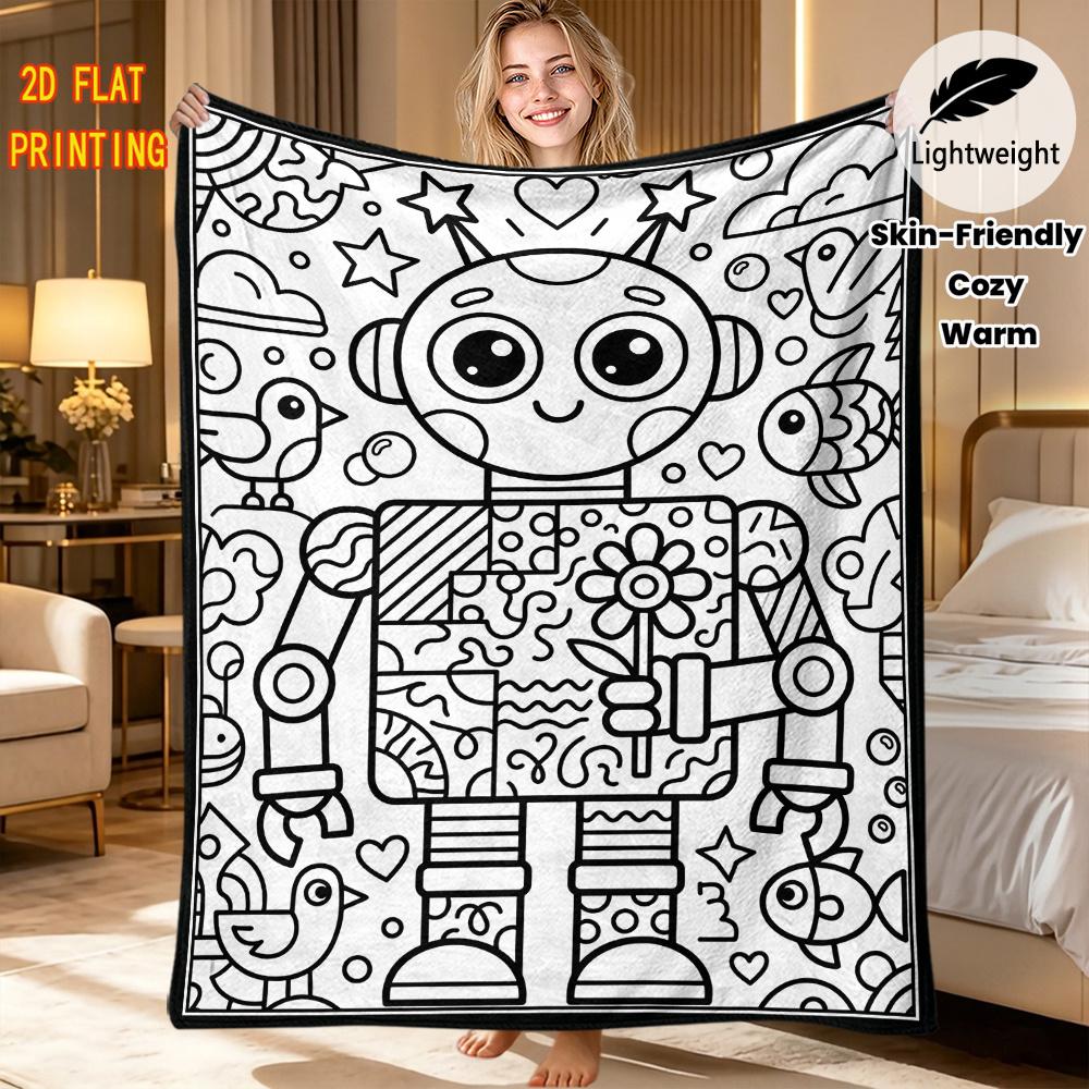 Flannel Printed Blanket, Geometric Texture Robot Surrounding Flowers And Stars Line Art Pattern, Soft And Skin-Friendly Fabric, Lightweight And Warm,