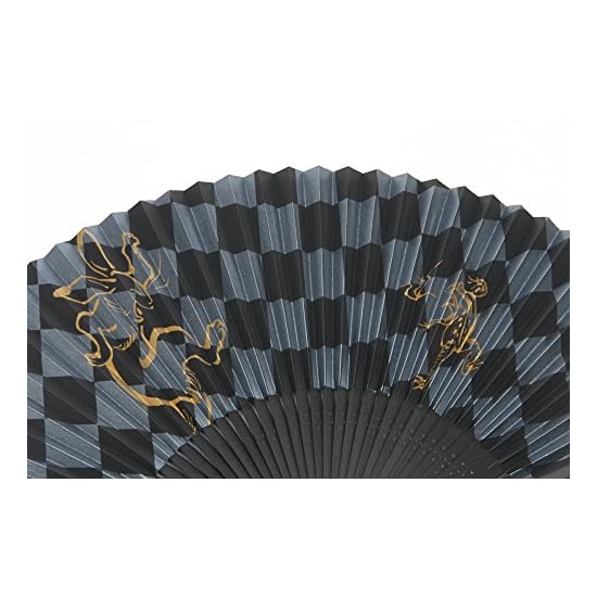 [Hasegawa] Kyoto Folding Fan, Ichimatsu (Checkered) & Choju-giga (Scroll of Frolicking Animals), Bla