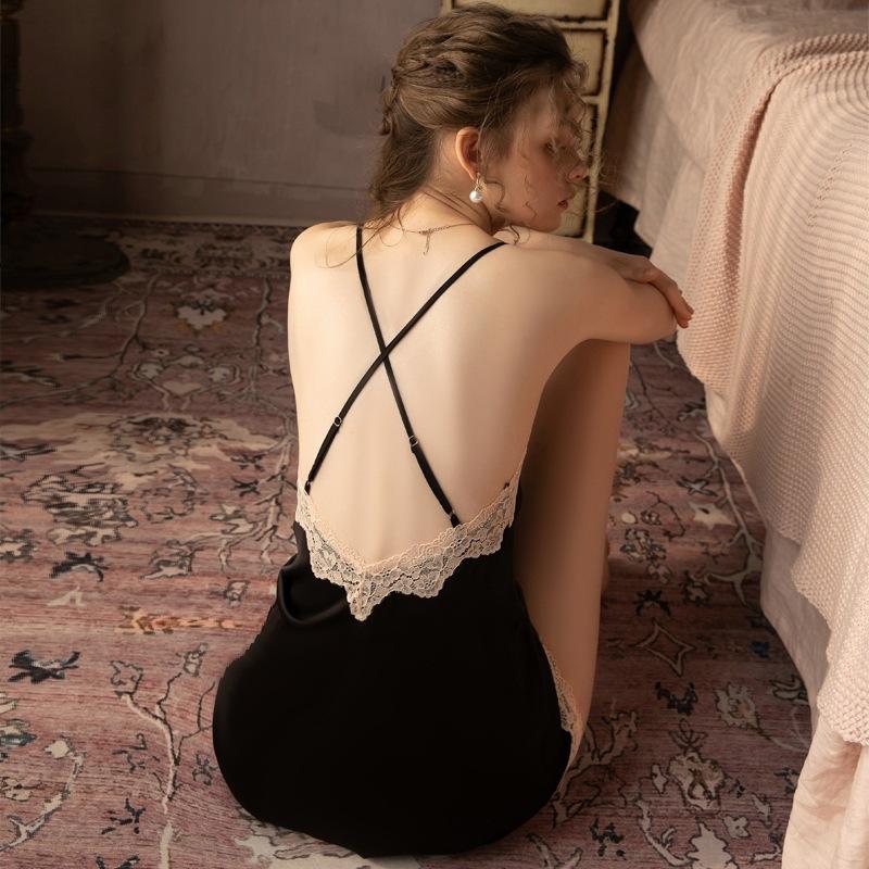 Sexy pajamas women's summer ice silk lace beautiful back suspender nightdress two-piece set open fork loungewear can be sent on behalf of