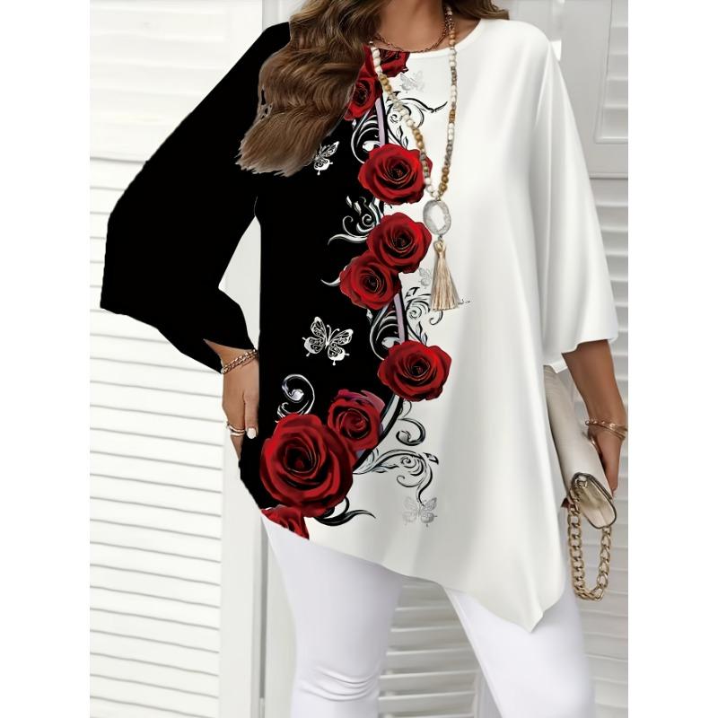 Floral Print Denim‑Effect Women 3/4 Sleeve Pocket Tunic Shirt