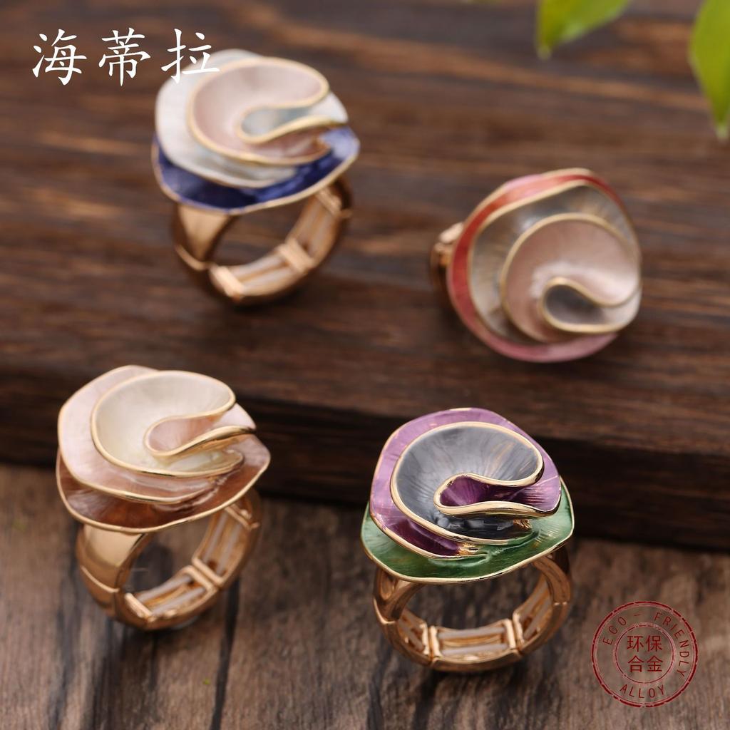 Luxury color painting oil geometric rose elastic ring, fashionable and high sense women's versatile ring
