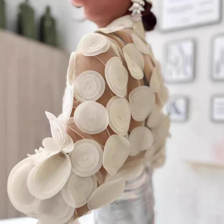 Embroidered Mesh See-Through Long-Sleeve Shirt