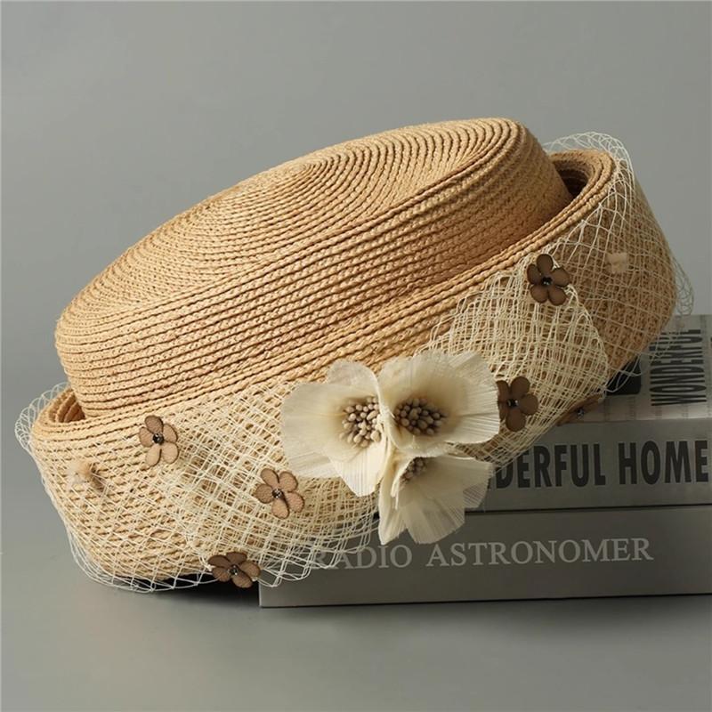 

202601-YUANX inc chic summer grace mesh silk linen flowers fine straw beret hat Vintage women Leisure painter cap head size 57cm бежевий