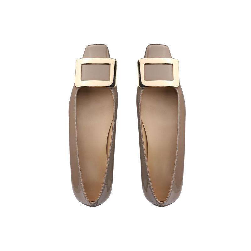 Small thick heel shallow mouth square head flat sole shoes femininity versatile grape mother French elegant metal square buckle high heels