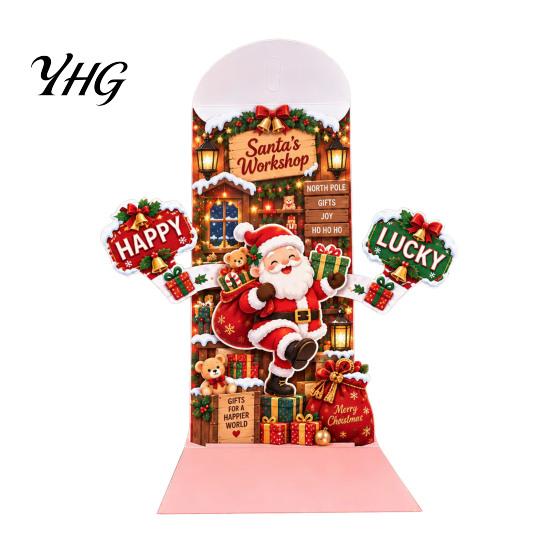 Retro Style Christmas Cards 3D Pop Up Card, Money Gift Card Holder with Handwritten Holiday Blessing Cash Slot, Hummingbird Santa Reindeer Design,
