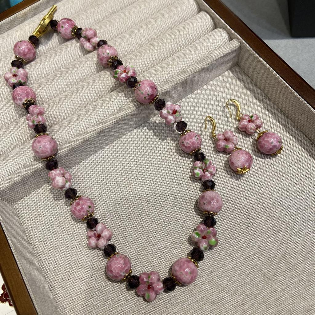 New Medieval Vintage Fashion Retro Design Old Material Pink Frog Skin Glazed Plum Blossom Necklace Beaded Earrings